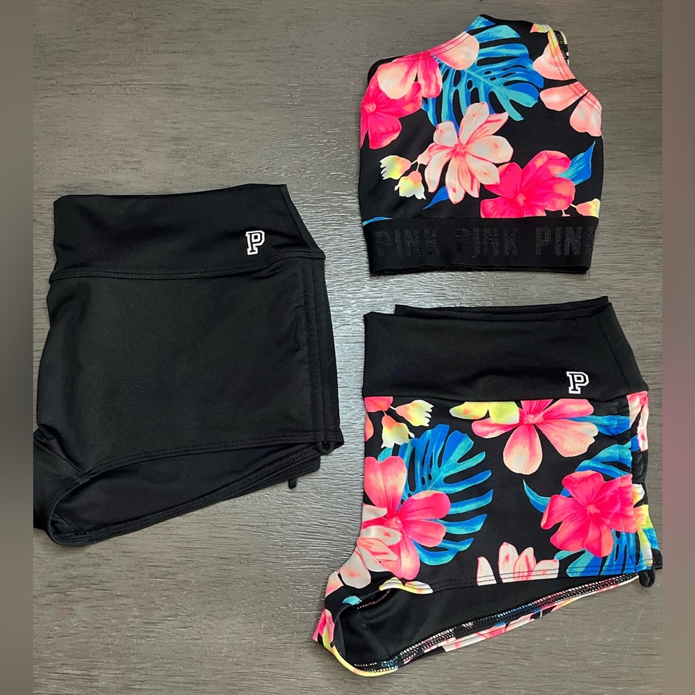 PINK Victoria's Secret Black & Floral Gym to Swim Athletic Shorts & Top Bundle